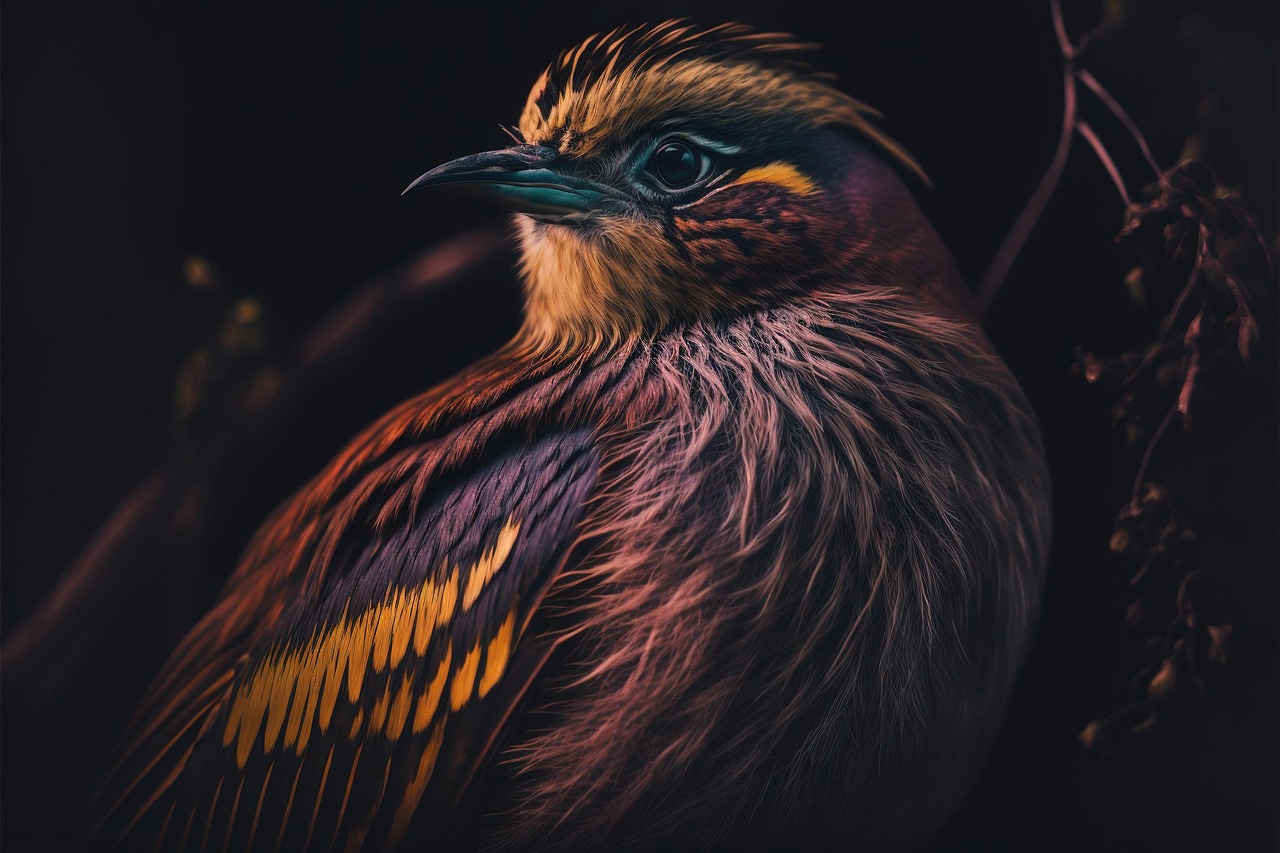 Close-up of a Vibrantly Colored Bird in Dark Setting
