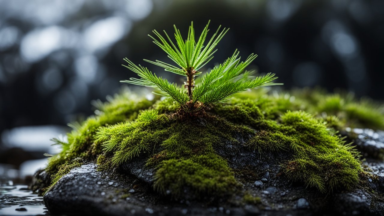 Close-up of a Young Pine Seedling on Mossy Rock