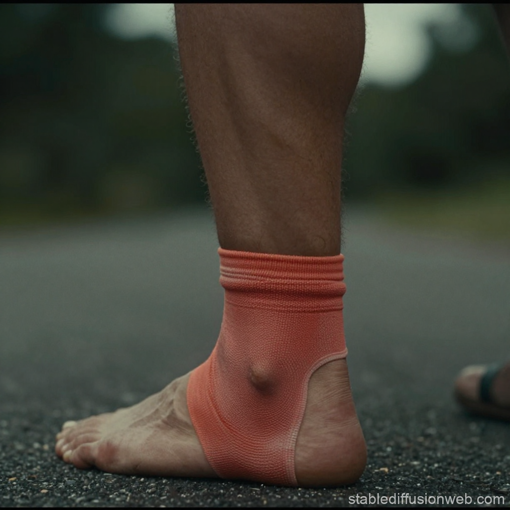 Close-up of Ankle with Support Sleeve on Asphalt