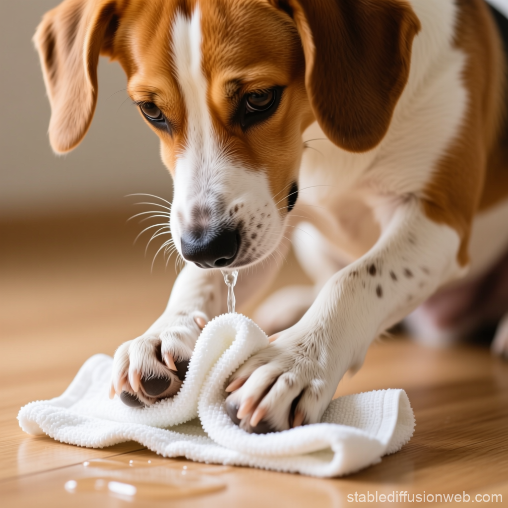 Close-up of Beagle Dog Cleaning Up Water with Towel