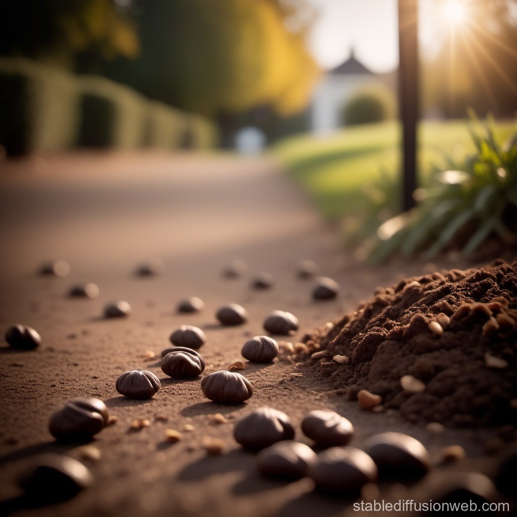 Close-up of Coffee Beans and Ground Coffee on Pathway at Sunset