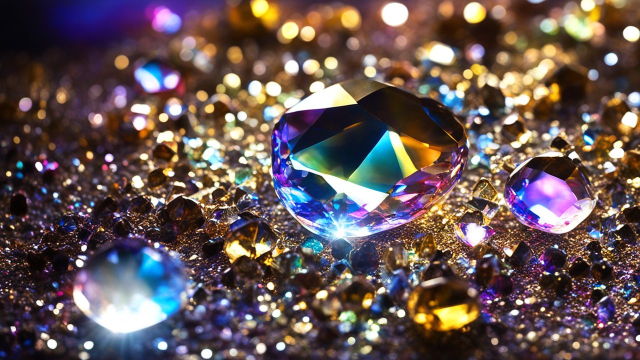 Close-up of Colorful Sparkling Gemstones on Glittering Surface