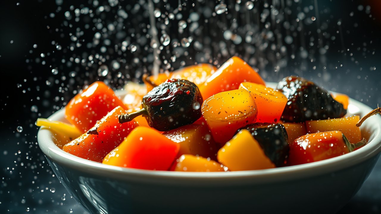 Close-up of Cooked Colorful Peppers with Water Droplets