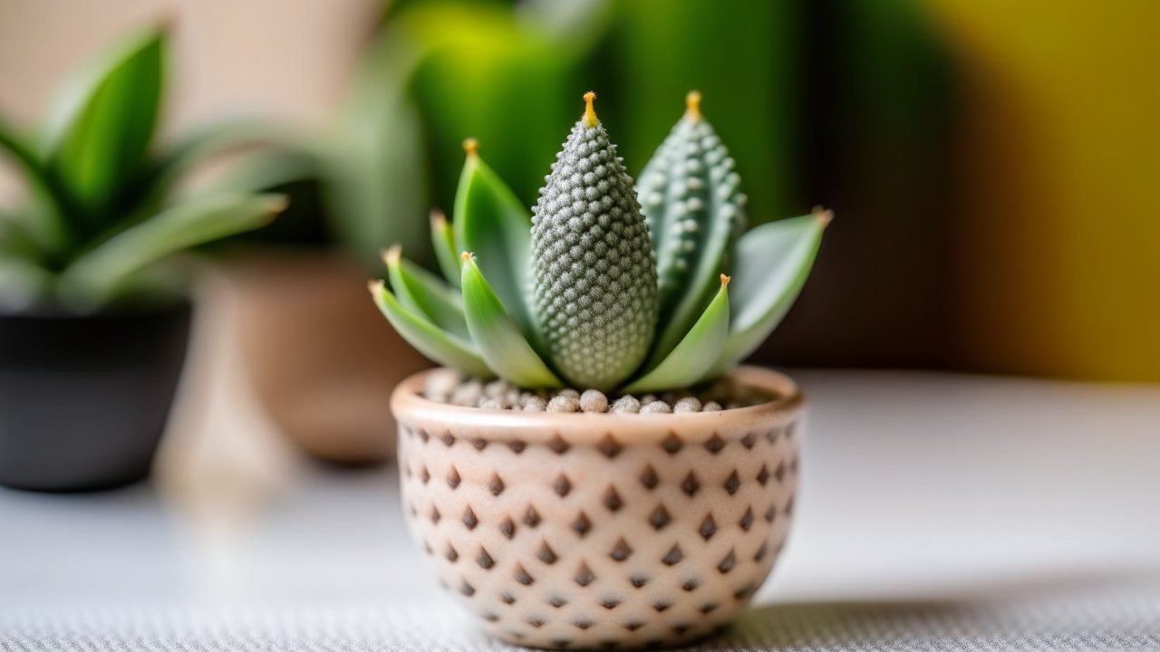 Close-up of Cute Mini Haworthia Cymbiformis in Decorative Pot