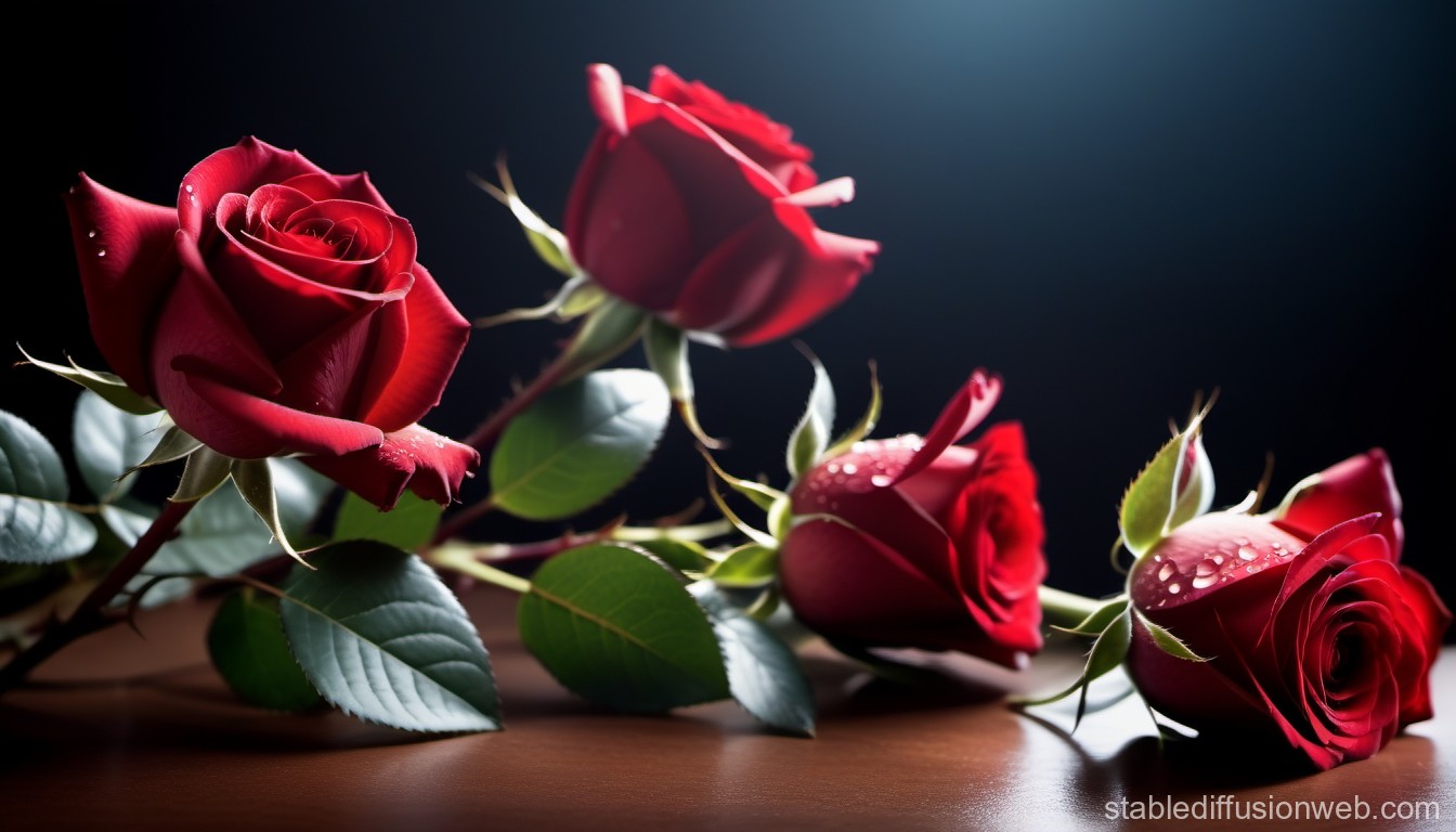 Close-up of Dew-Kissed Red Roses on Dark Background