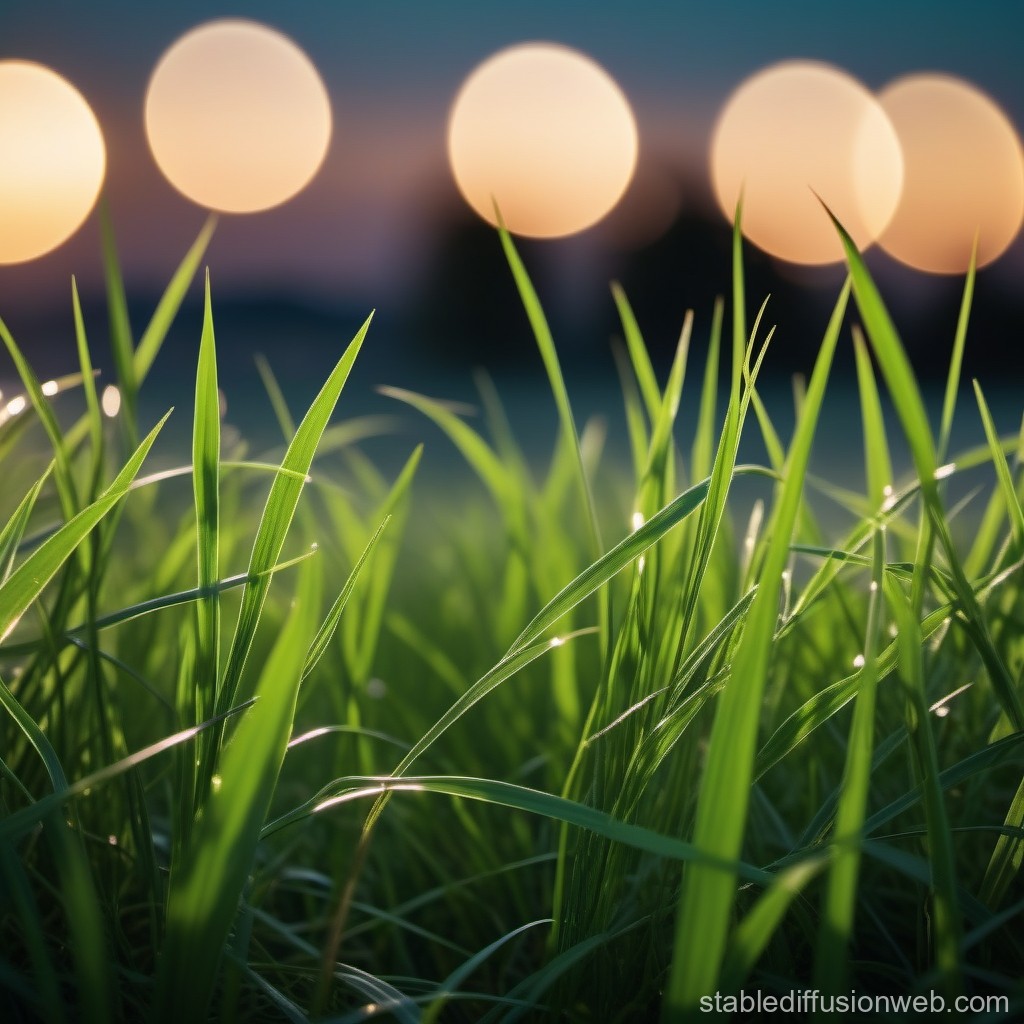 Close-up of Dewy Grass with Soft Bokeh Lights at Dusk