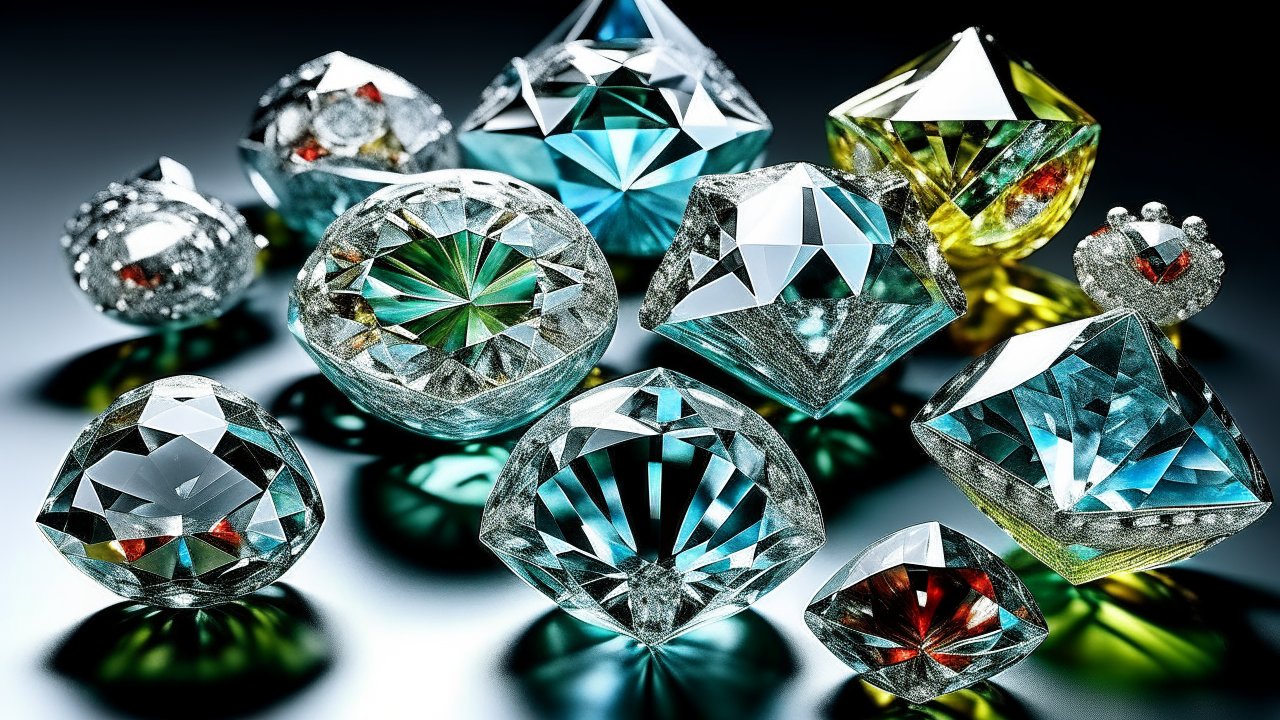 Close-Up of Fancy Cut Diamonds with Colorful Reflections