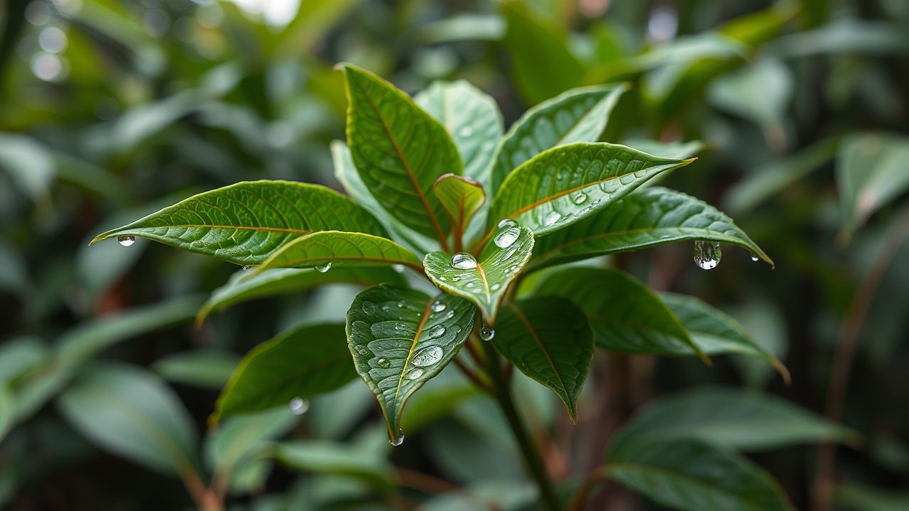 Close-up of Fresh Green Plant Leaves with Water Droplets