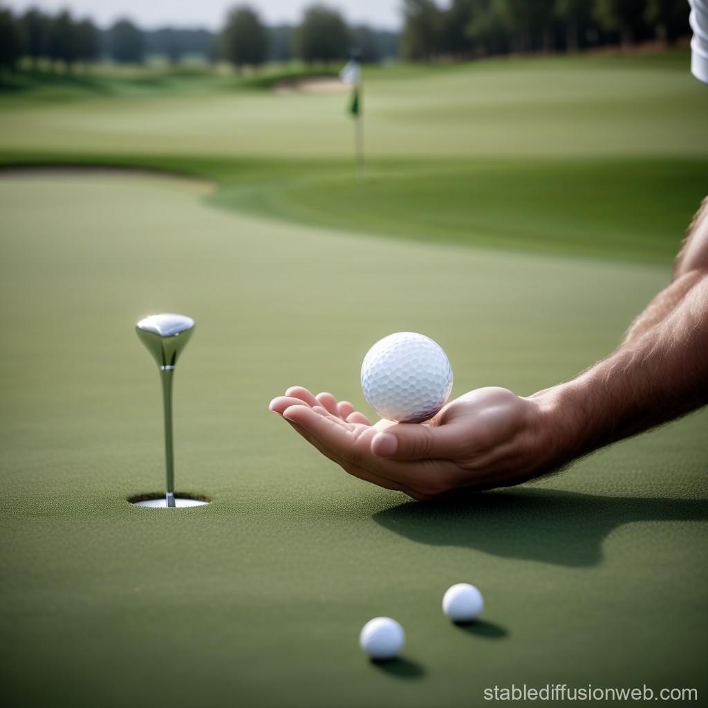 Close-up of Hand Holding Golf Ball Near Hole on Green