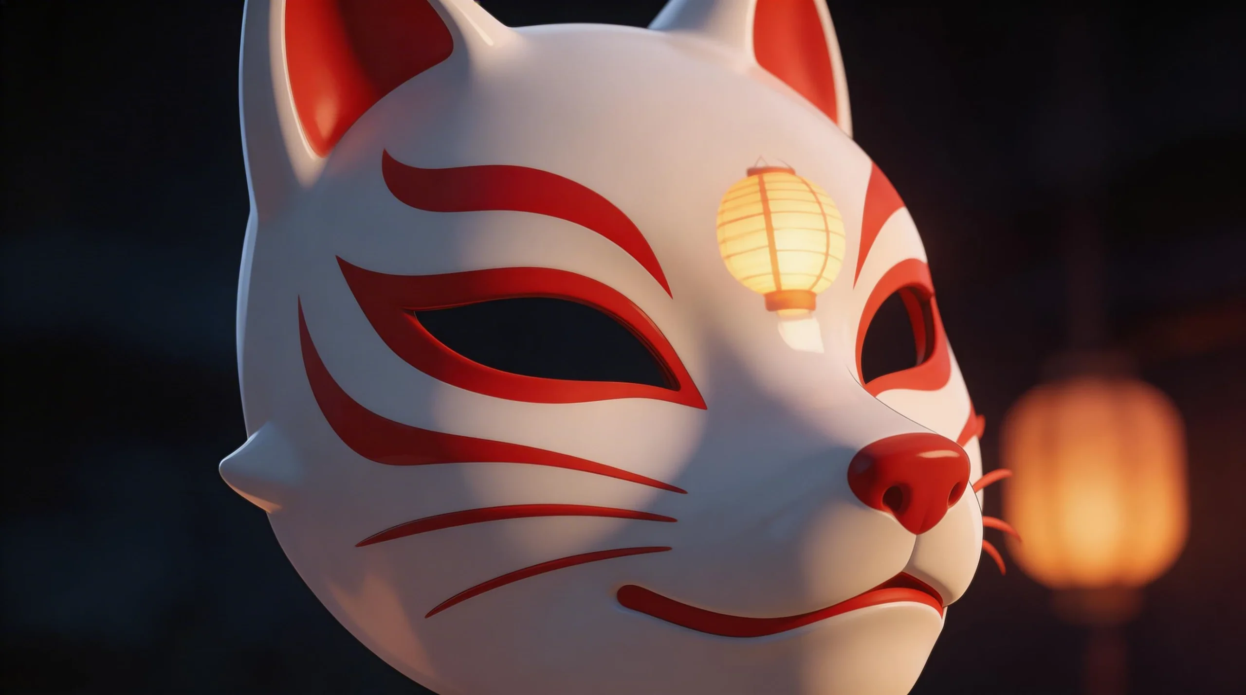 Close-up of Kitsune Fox Mask with Lantern Reflection