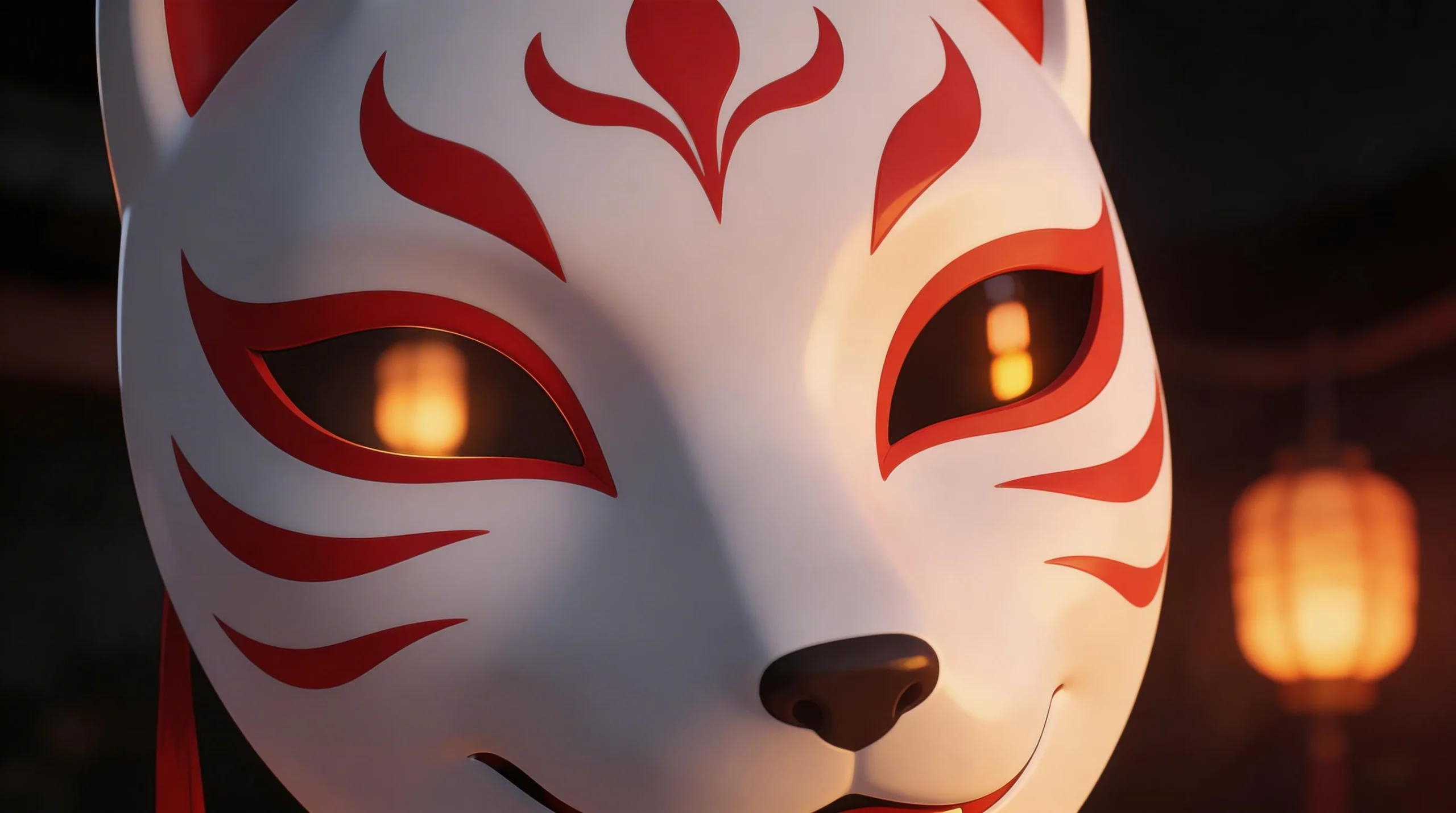 Close-up of Kitsune Fox Mask with Red Markings