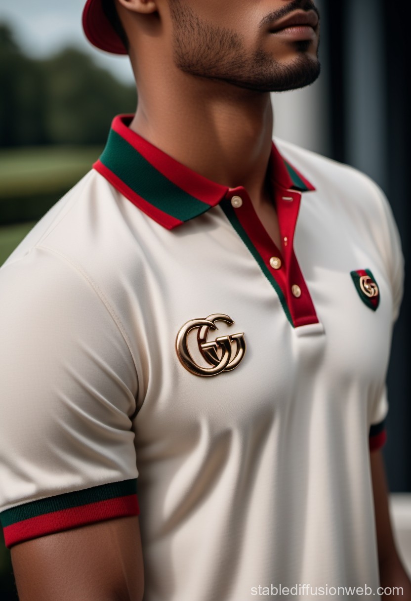Close-up of Man Wearing Stylish Polo Shirt with Gold GG Logo