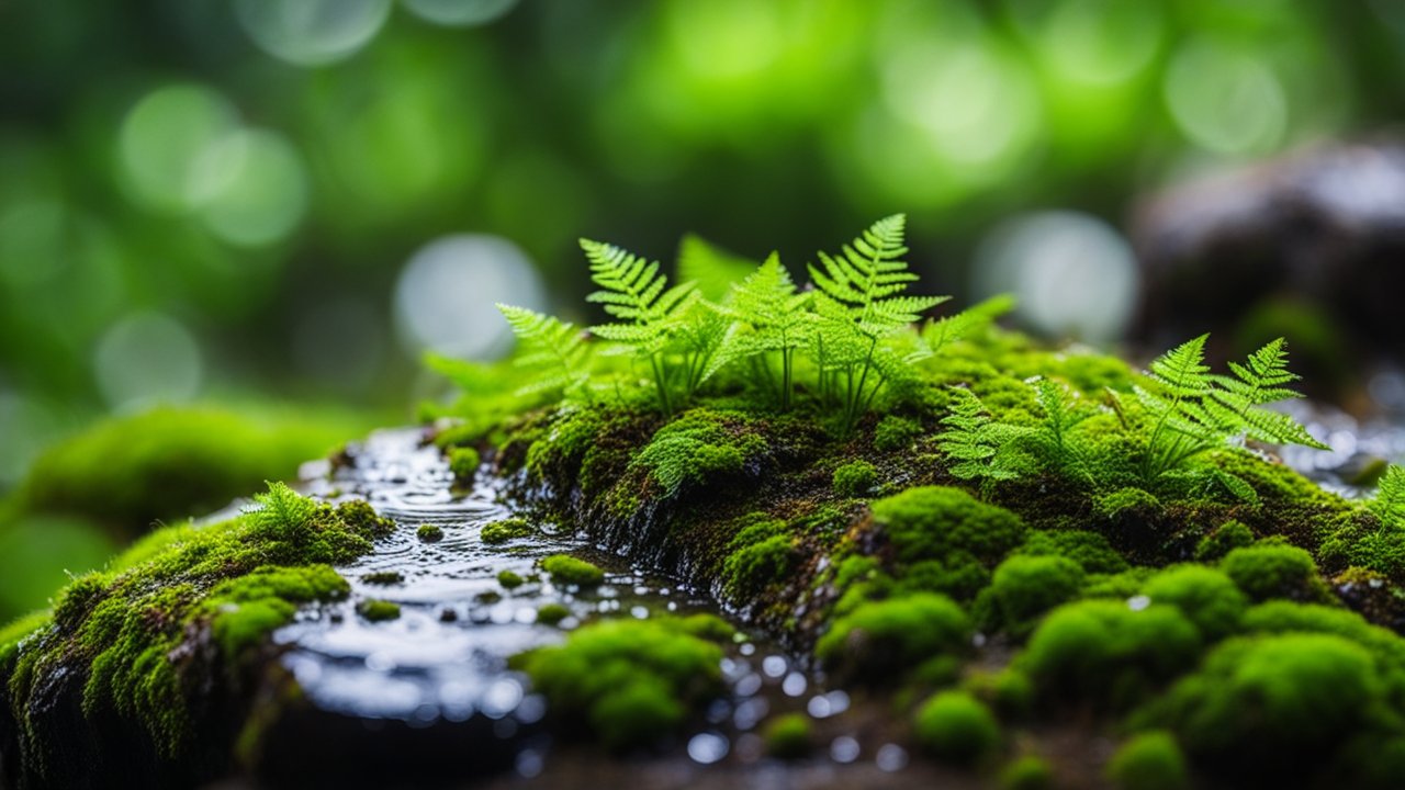 Close-up of Moss and Ferns on a Wet Surface