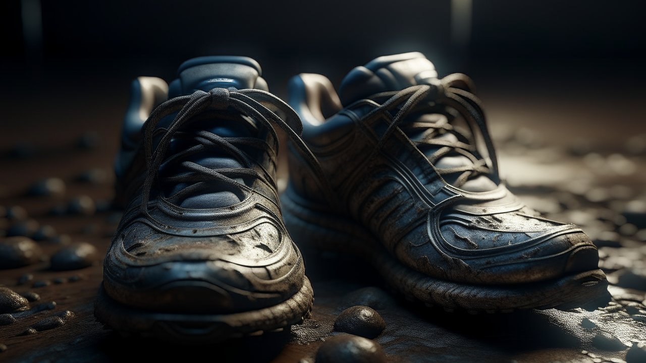 Close-up of Muddy Running Shoes on Rocky Ground