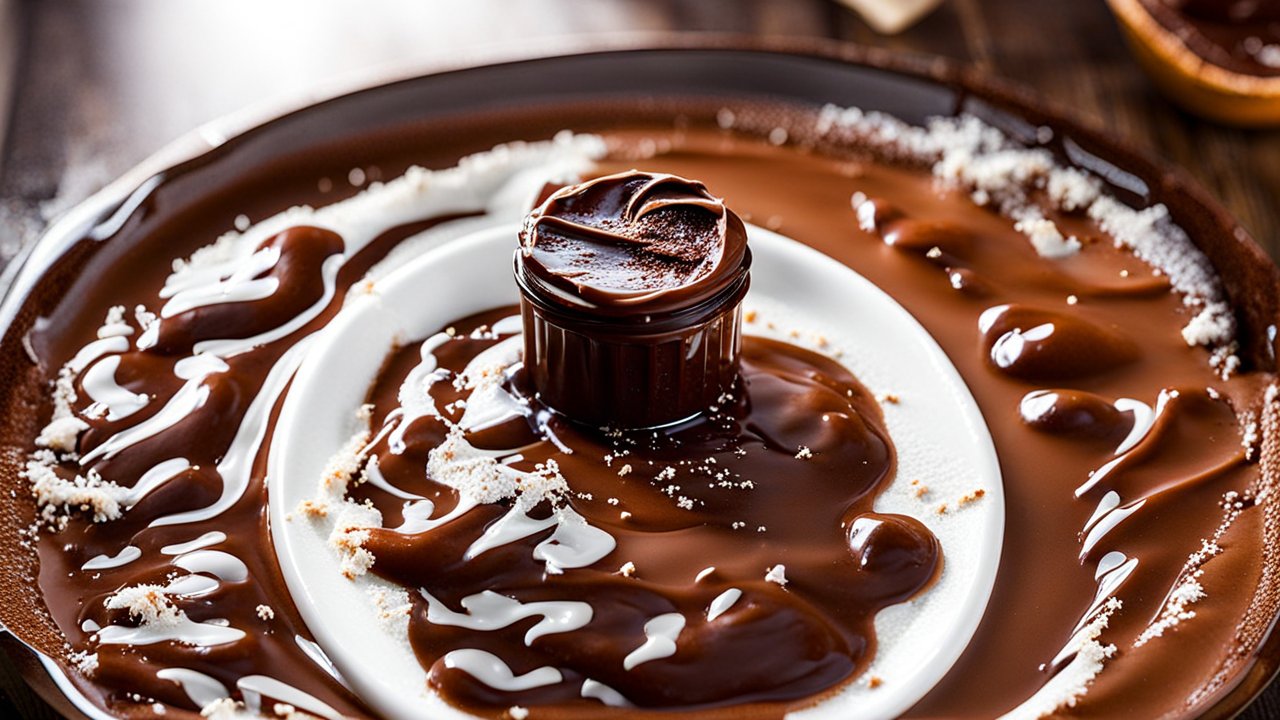 Close-up of Nutella Spread on White Plate with Jar