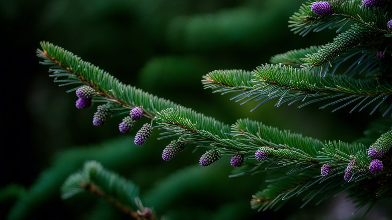 Close-up of Pine Branches with Purple Cones