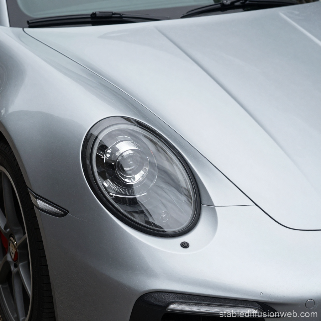 Close-up of Porsche-style Headlight on Silver Car