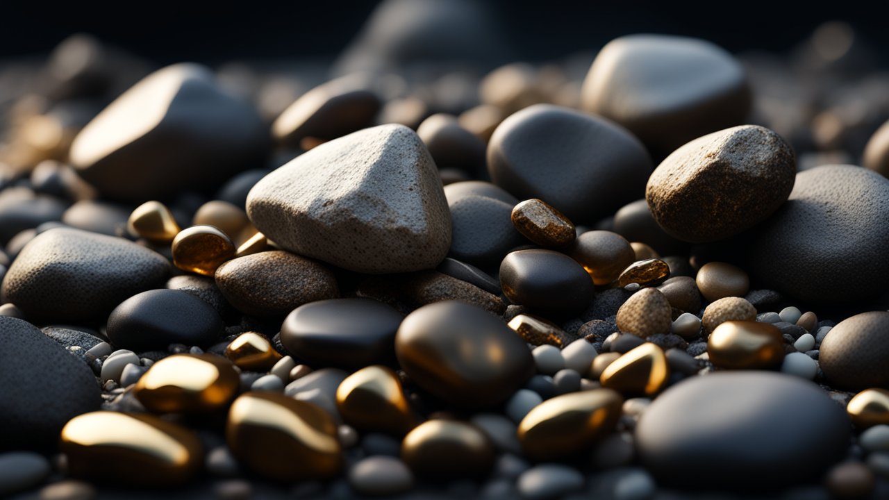 Close-up of Smooth Black and Golden Pebbles