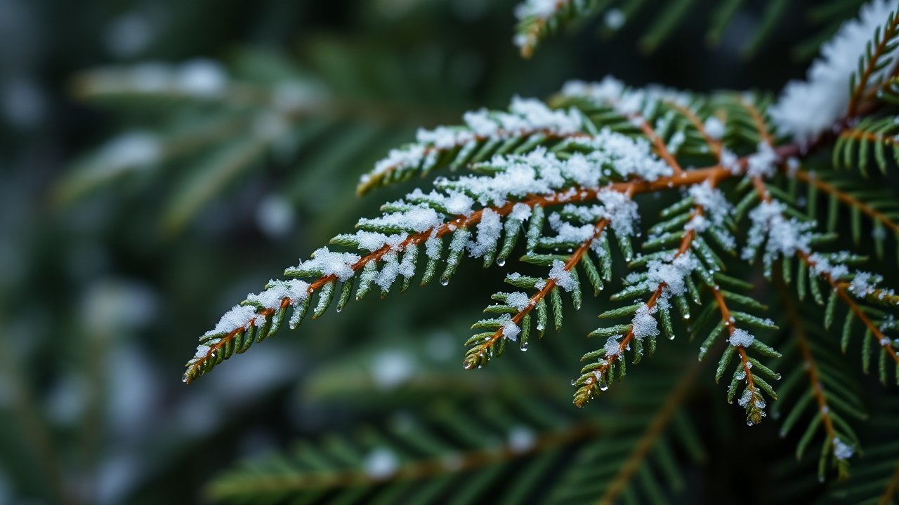 Close-up of Snow-Dusted Evergreen Branch