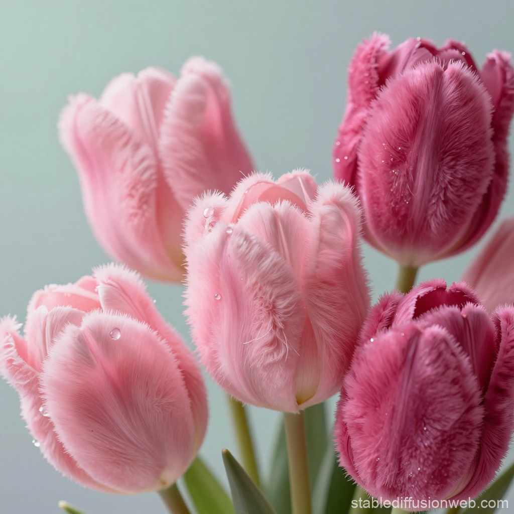 Close-up of Soft Pink Furry Tulips with Dewdrops