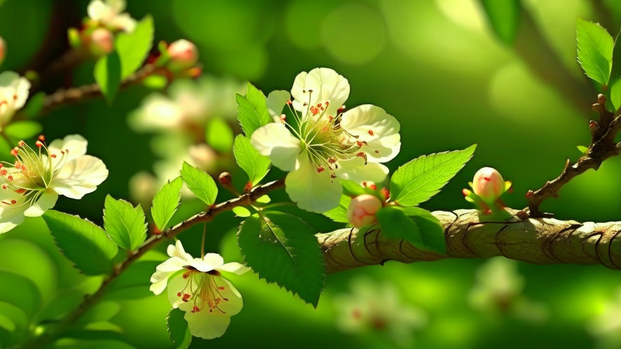 Close-up of Spring Blossoms on Branch with Green Leaves