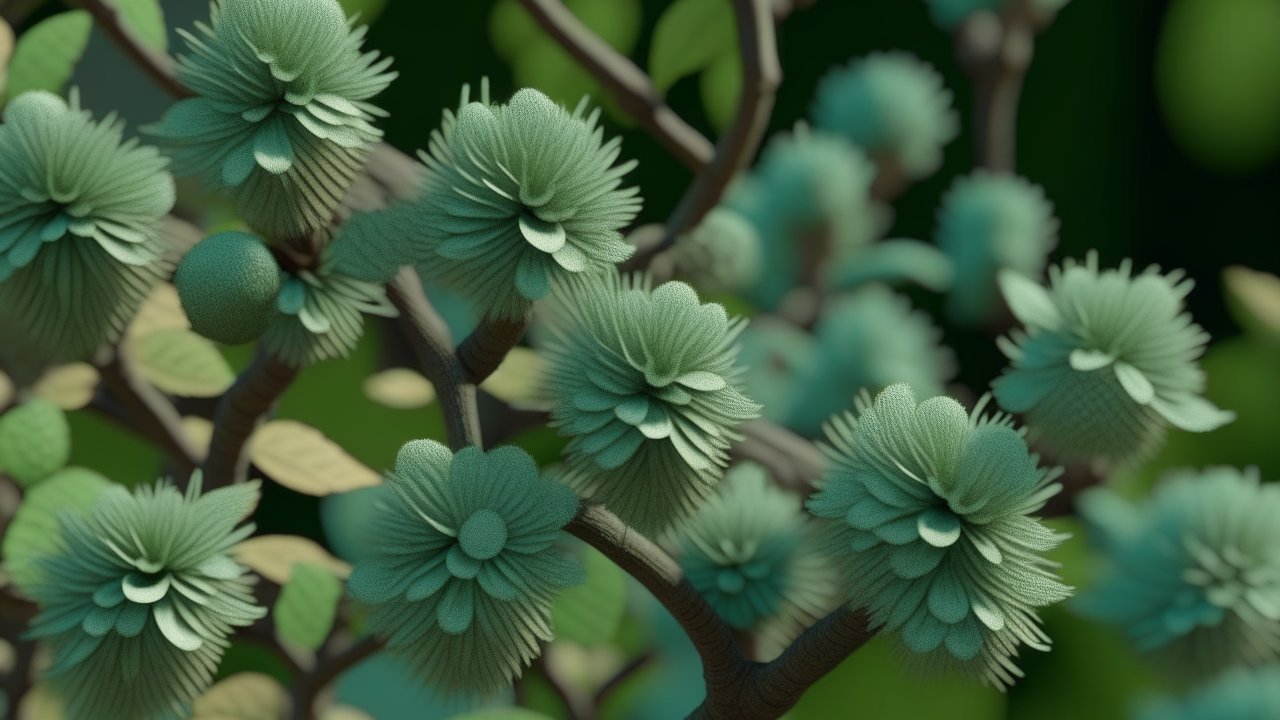 Close-up of Stylized Green Floral Clusters on Branches