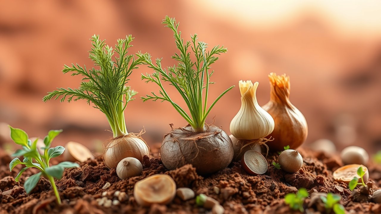 Close-up of Various Bulbs and Seedlings Growing in Soil
