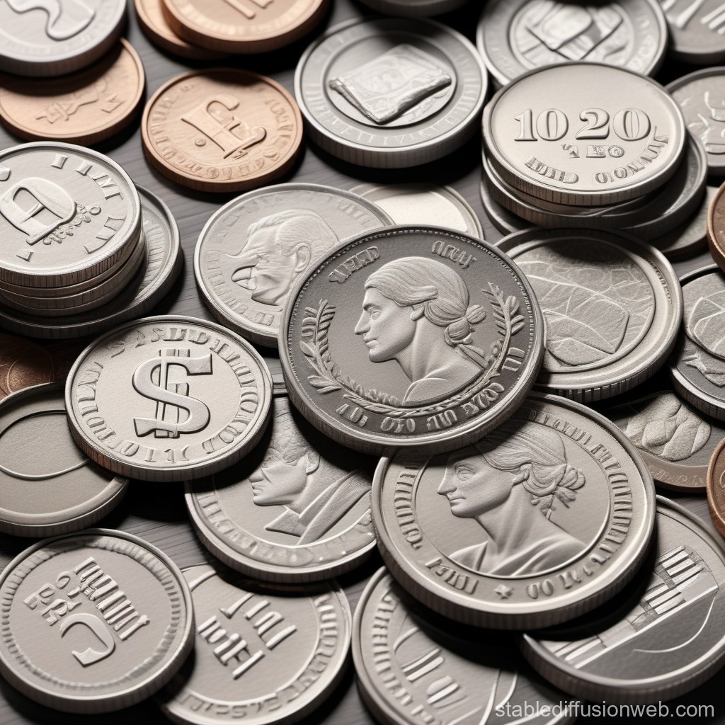 Close-up of Various Detailed Coins with Portraits and Symbols