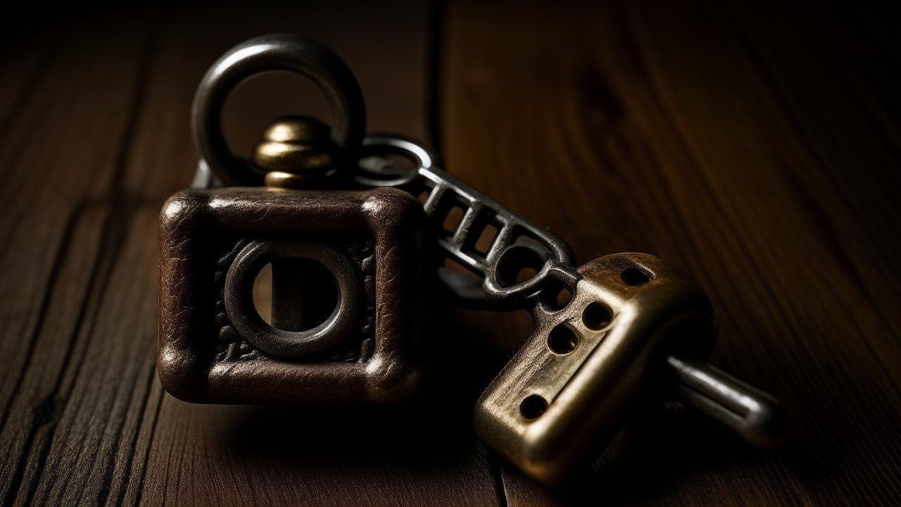 Close-up of Vintage Key and Lock on Wooden Surface