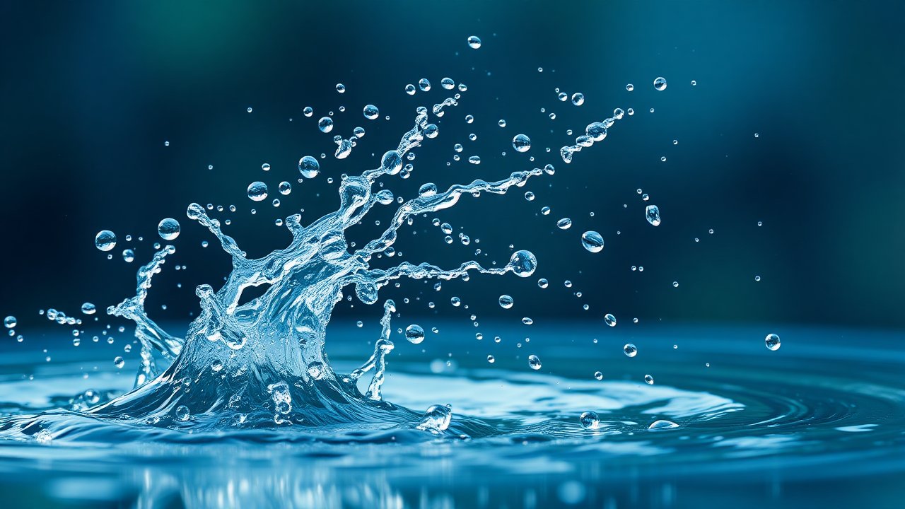 Close-up of Water Droplets Splashing in Blue