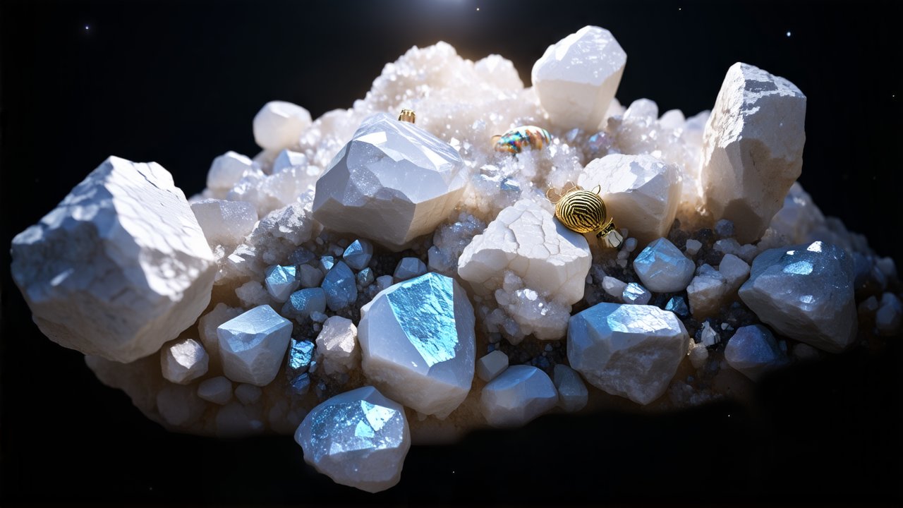 Close-up of White and Blue Crystals with Gold Accents