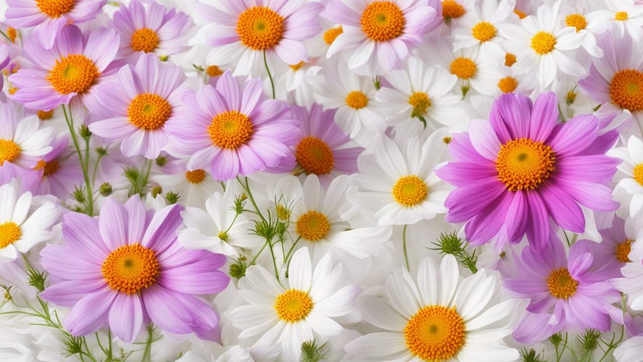 Close-up of White and Pink Cosmos Flowers on White Background