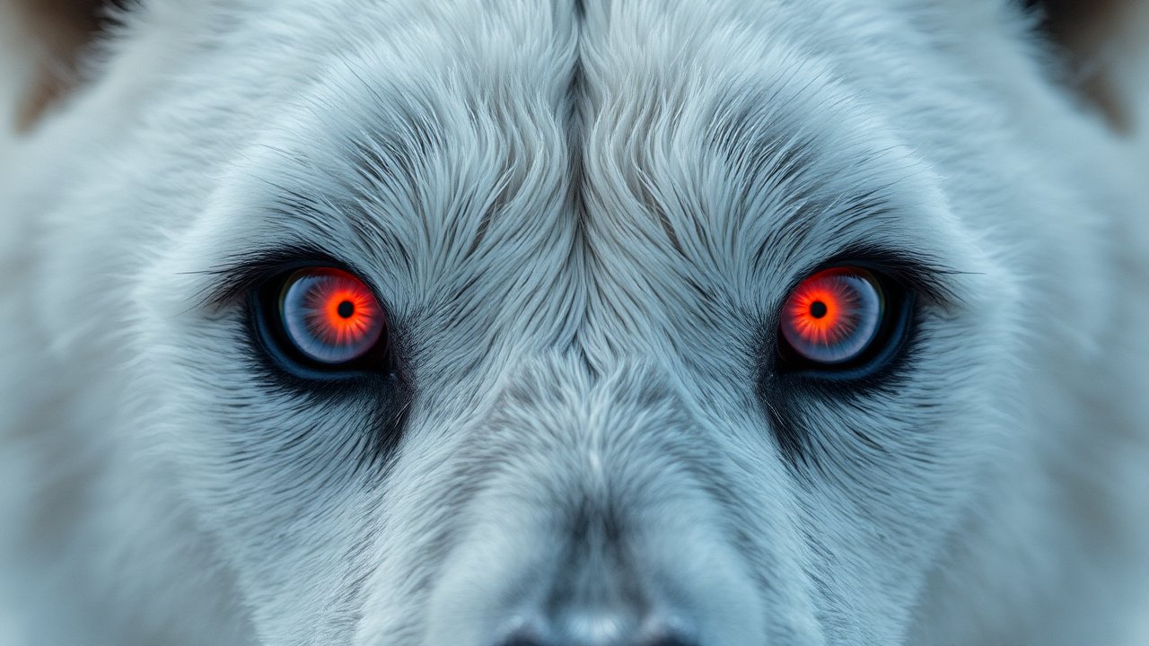 Close-up of White Wolf with Glowing Red Eyes