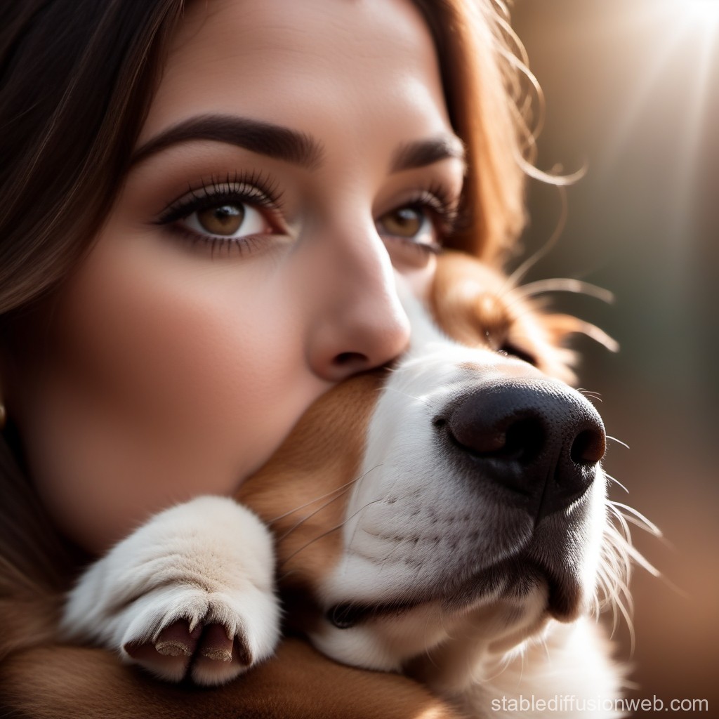 Close-up of Woman Embracing Her Dog with Warm Light