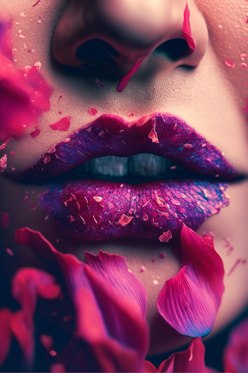 Close-up of Woman's Lips with Purple Petals