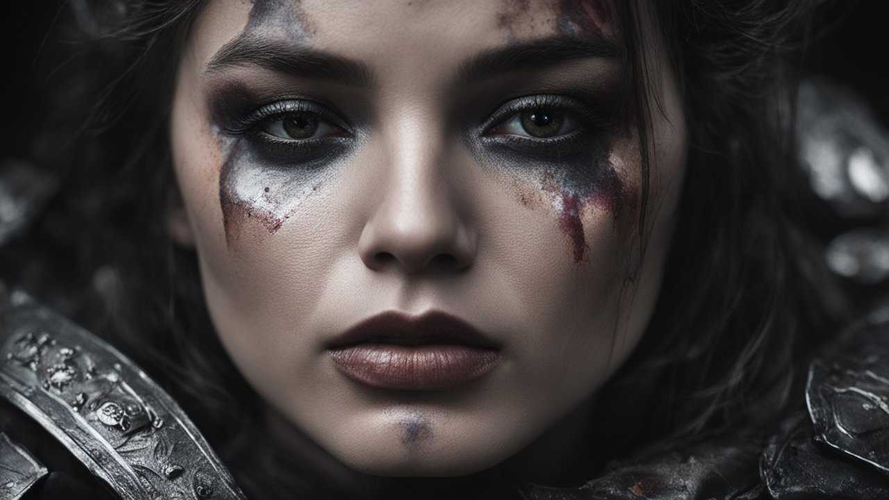 Close-up Portrait of a Battle-Worn Female Warrior
