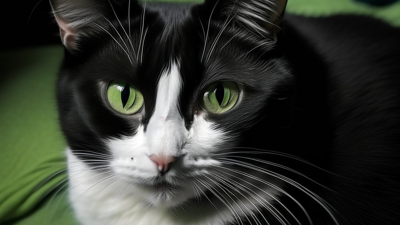 Close-up Portrait of a Black and White Cat with Green Eyes
