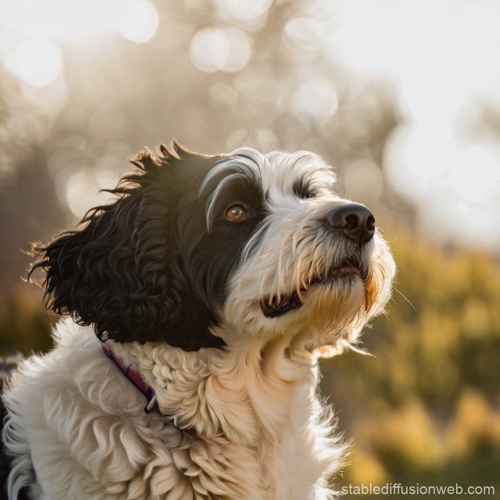 Close-up Portrait of a Black and White Dog in Soft Sunlight