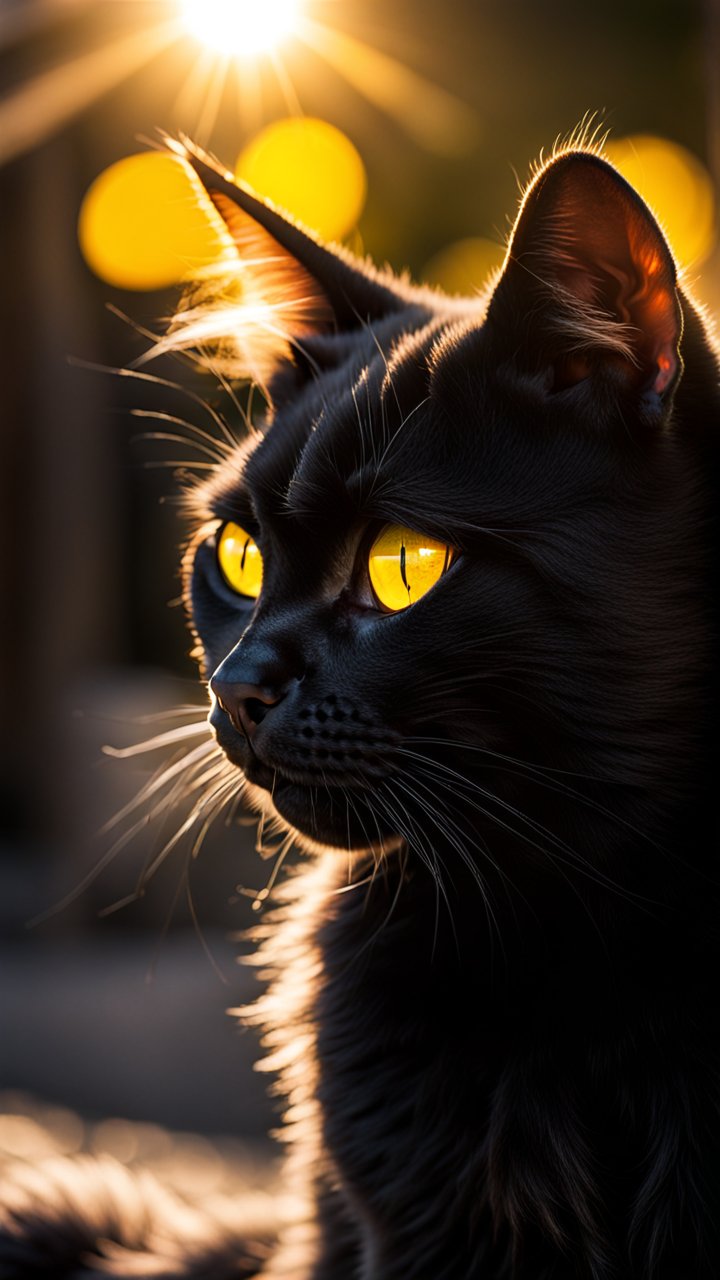 Close-up Portrait of a Black Cat with Glowing Yellow Eyes