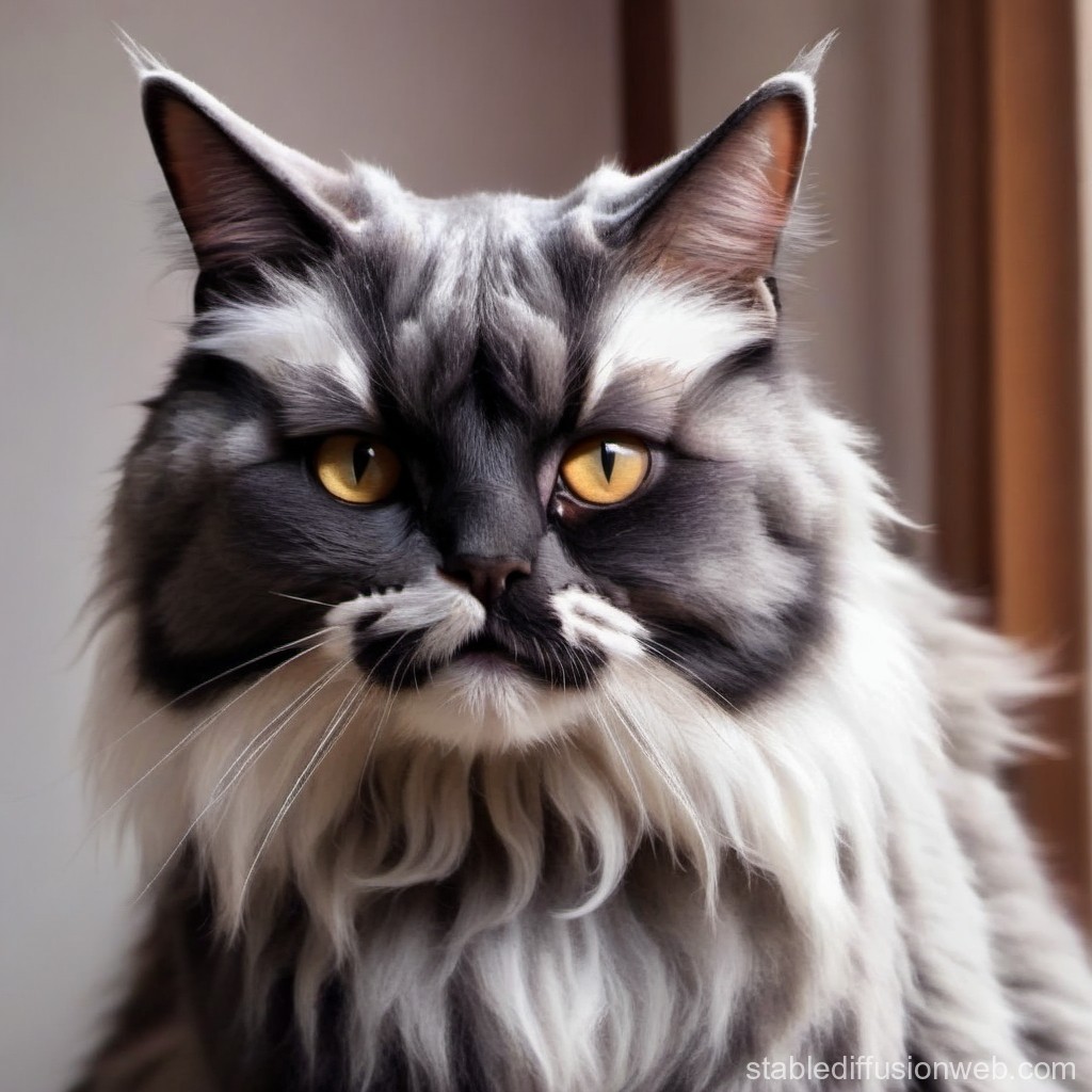 Close-up Portrait of a Fluffy Gray Cat with Golden Eyes