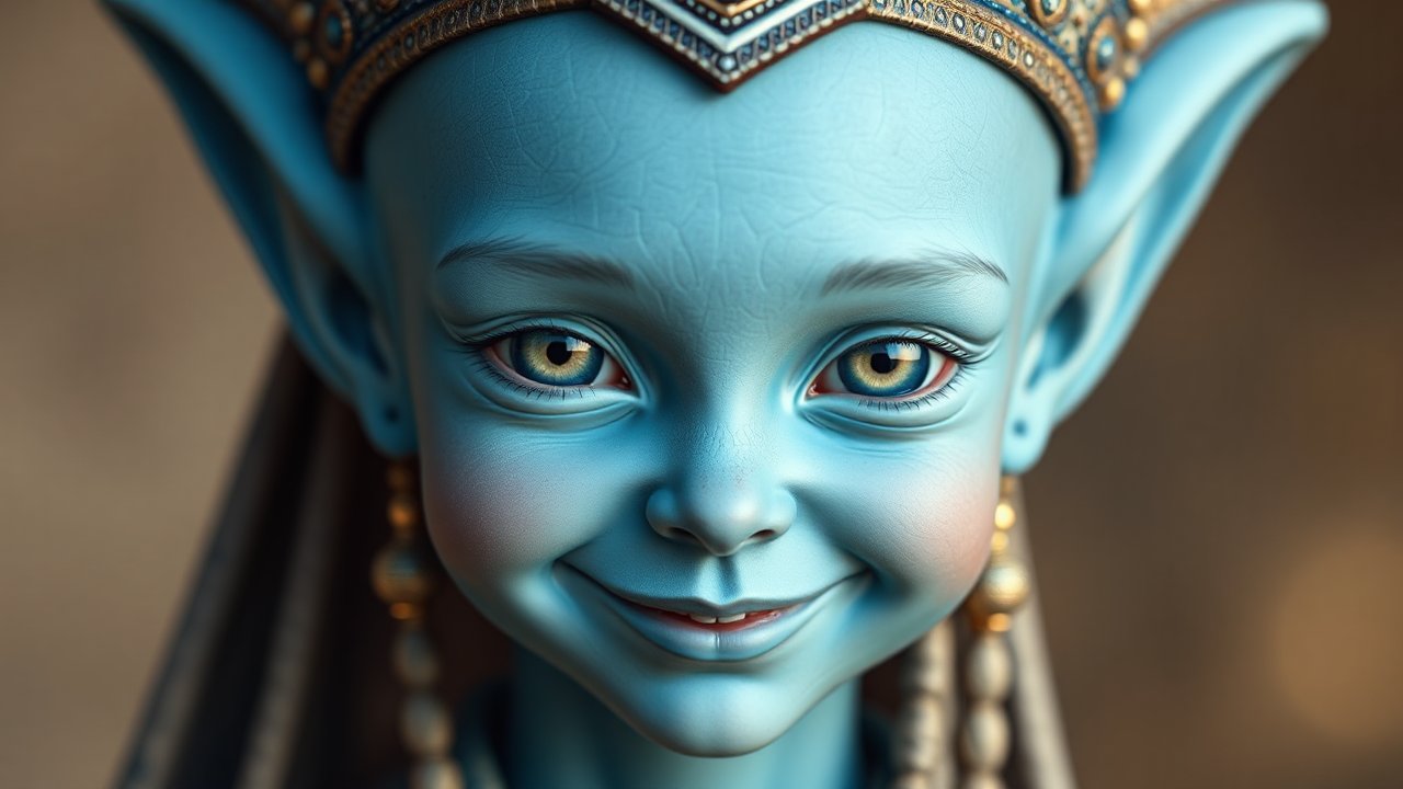 Close-up Portrait of a Smiling Blue Fantasy Elf Child