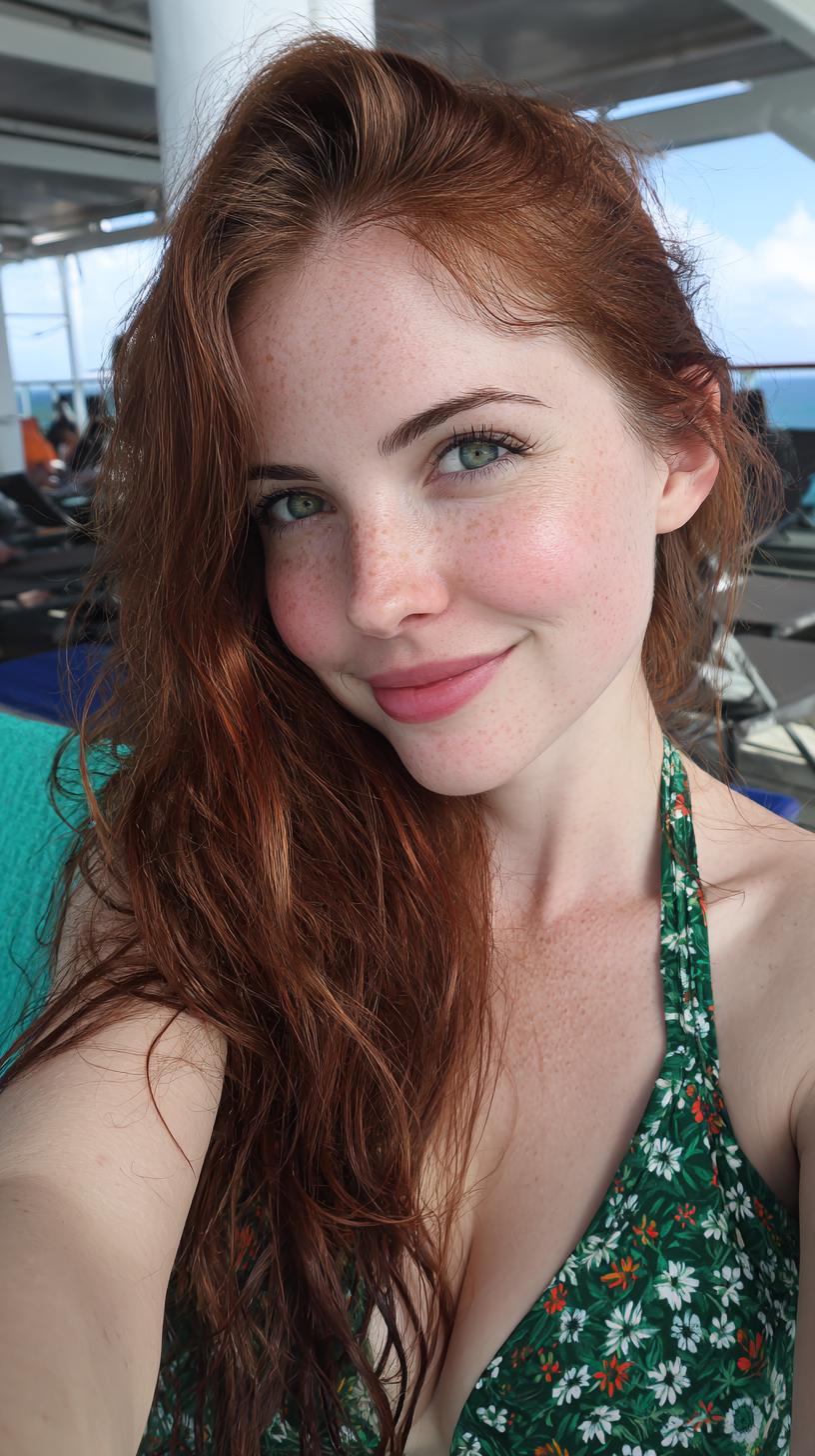 Close-up Portrait of a Smiling Redhead Woman with Freckles