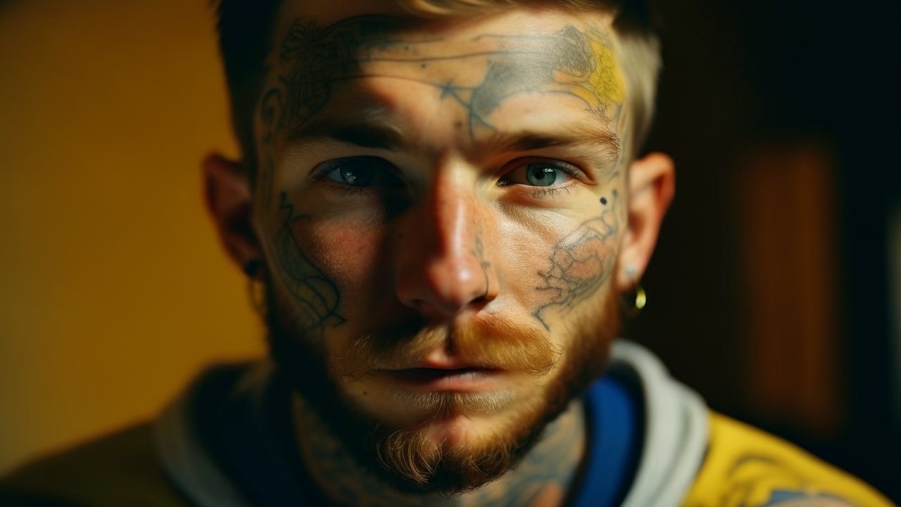 Close-up Portrait of a Tattooed Man with Intense Gaze