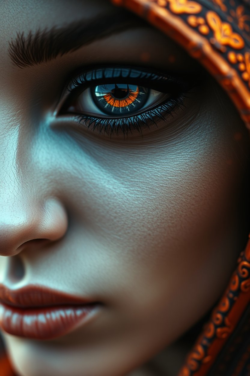 Close-up Portrait of an Alien Woman with Glowing Orange Eye