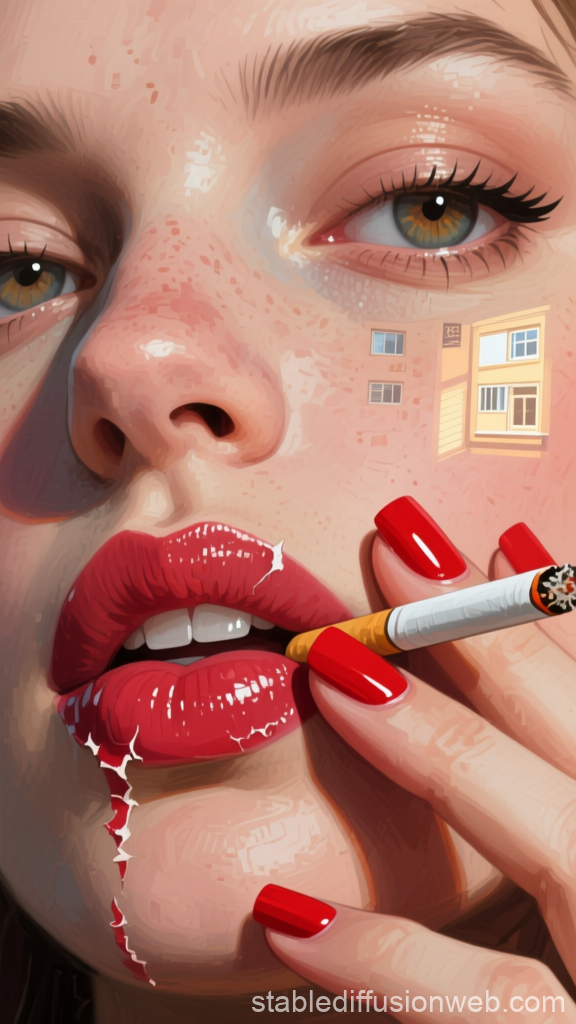 Close-up Portrait of Woman with Red Lips and Cigarette