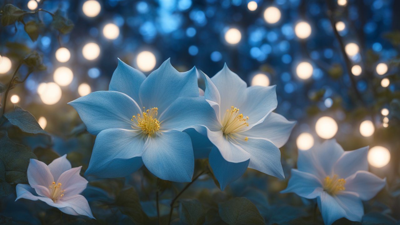 Closeup of Blue Moonflowers with Glowing Lights
