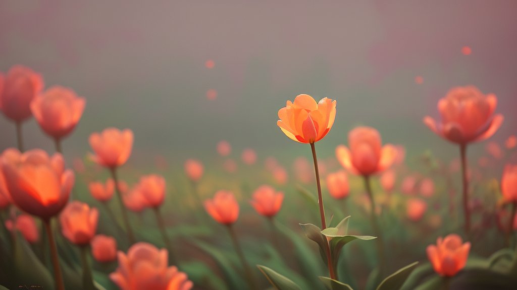 Closeup of Vibrant Orange Tulip in Blooming Field