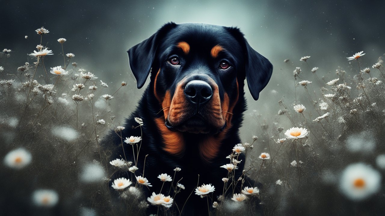 Closeup Portrait of a Rottweiler Among Wildflowers