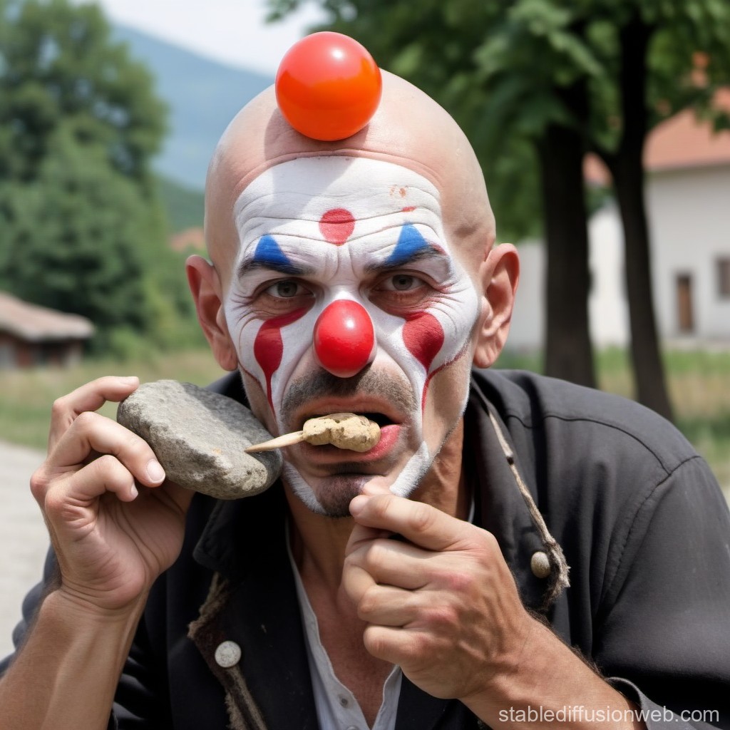 Clown with Face Paint Holding Rock and Skewer Outdoors