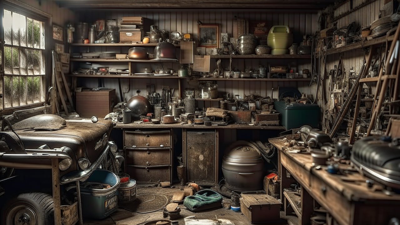Cluttered Vintage Workshop with Antique Tools and Car